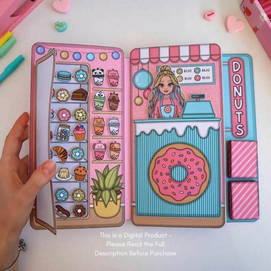 Art Craft 3 Year Old - ドーナツショップごっこ遊びキット、DIYペーパードールハウスステッカーブック、子供用静かなお絵かきブッククラフトセット、切り抜き＆手作りおもちゃ