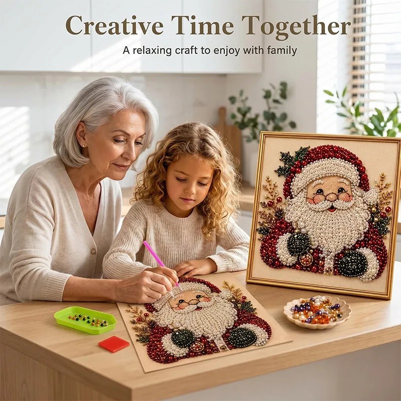Art Craft Adult - クリスマスパールダイヤモンドペインティングアートセット（フレーム付き）DIYパールビーズクラフトキット 大人向け 初心者向け ホームデコレーション ウォールアート パーティーギフト