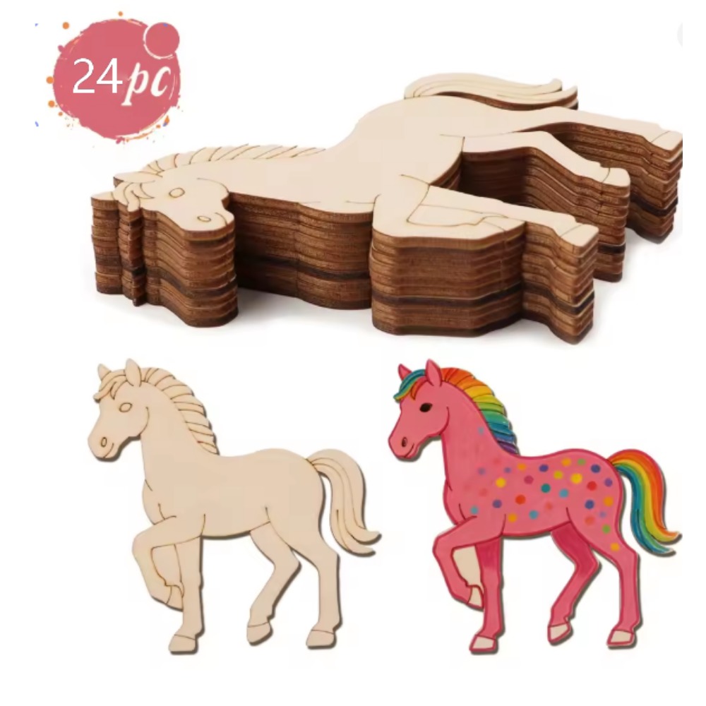 Art Craft Horse - 24個の未完成の馬の木製カットアウト、DIYペイントクラフトブランク、動物をテーマにした家の装飾用木製形状、手作りアートプロジェクト用