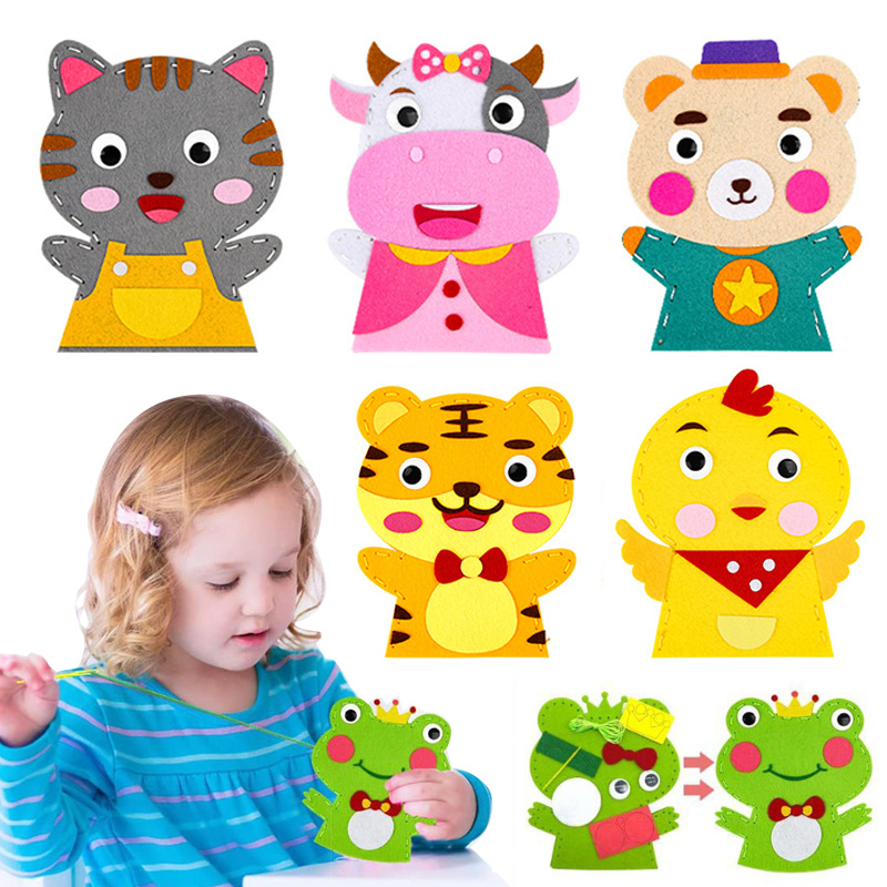 Art Craft 3 Year Old - かわいい漫画動物ハンドパペット子供 DIY アートクラフトおもちゃ微細運動能力トレーニング縫製ひもハンドロールプレイ手作りキット
