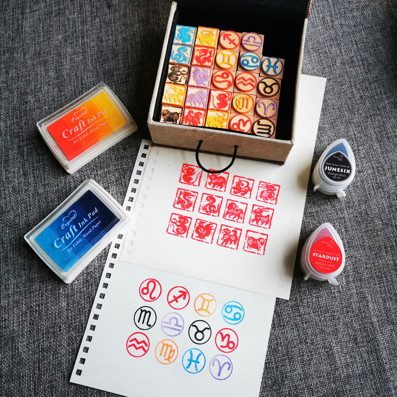 Stamping Ink Pad - 12の星座木製書道シール、DIYギフト、スタンピングインクパッド、おもちゃ